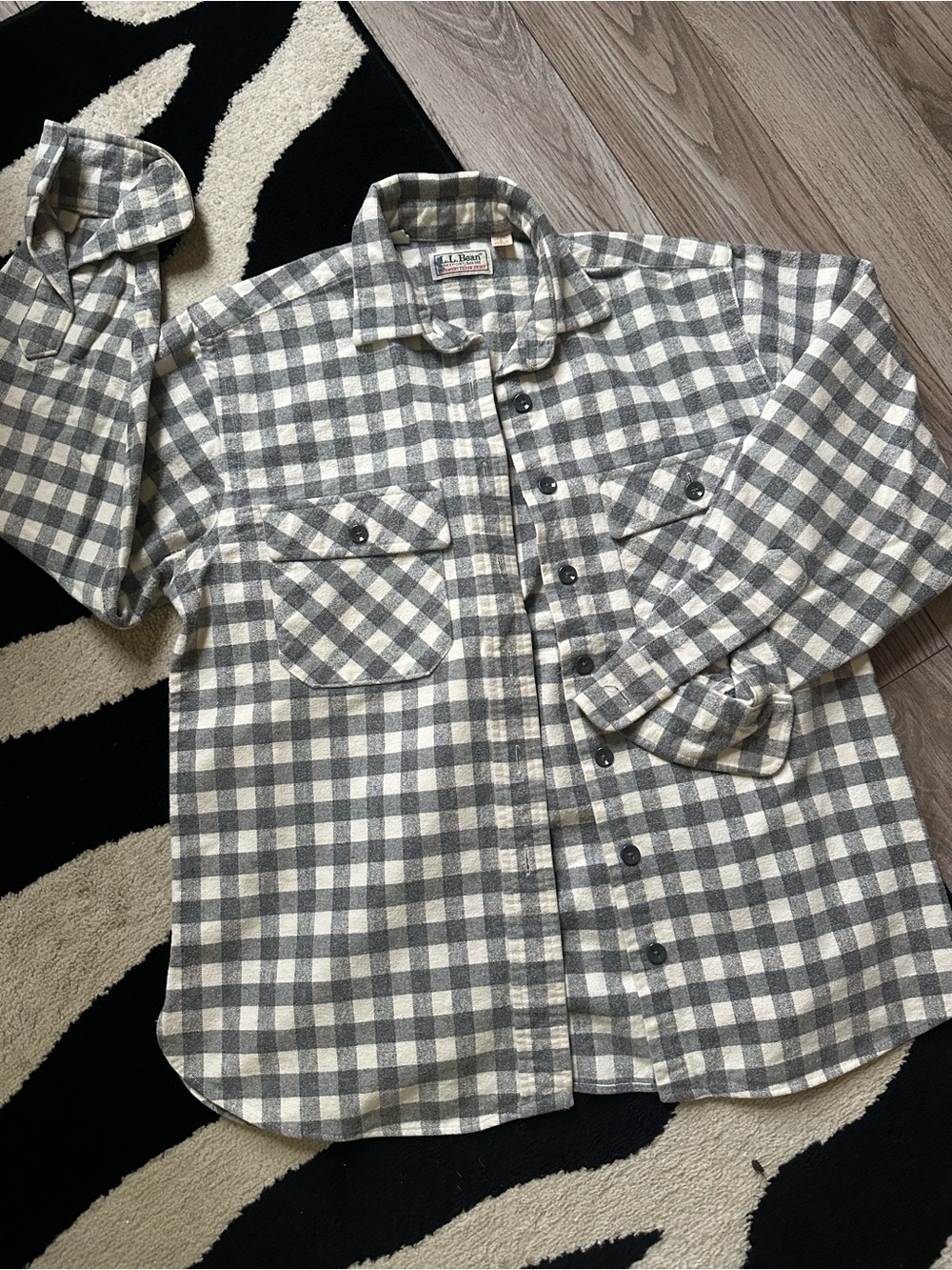 L.L. Bean Gray & White Buffalo Plaid Flannel Button-Up Shirt